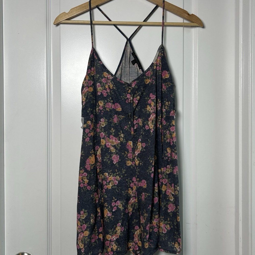 Lucca Couture Dark Floral Ditsy Rose Cross‎ Back V-Neck Romper Dark Boho Style
